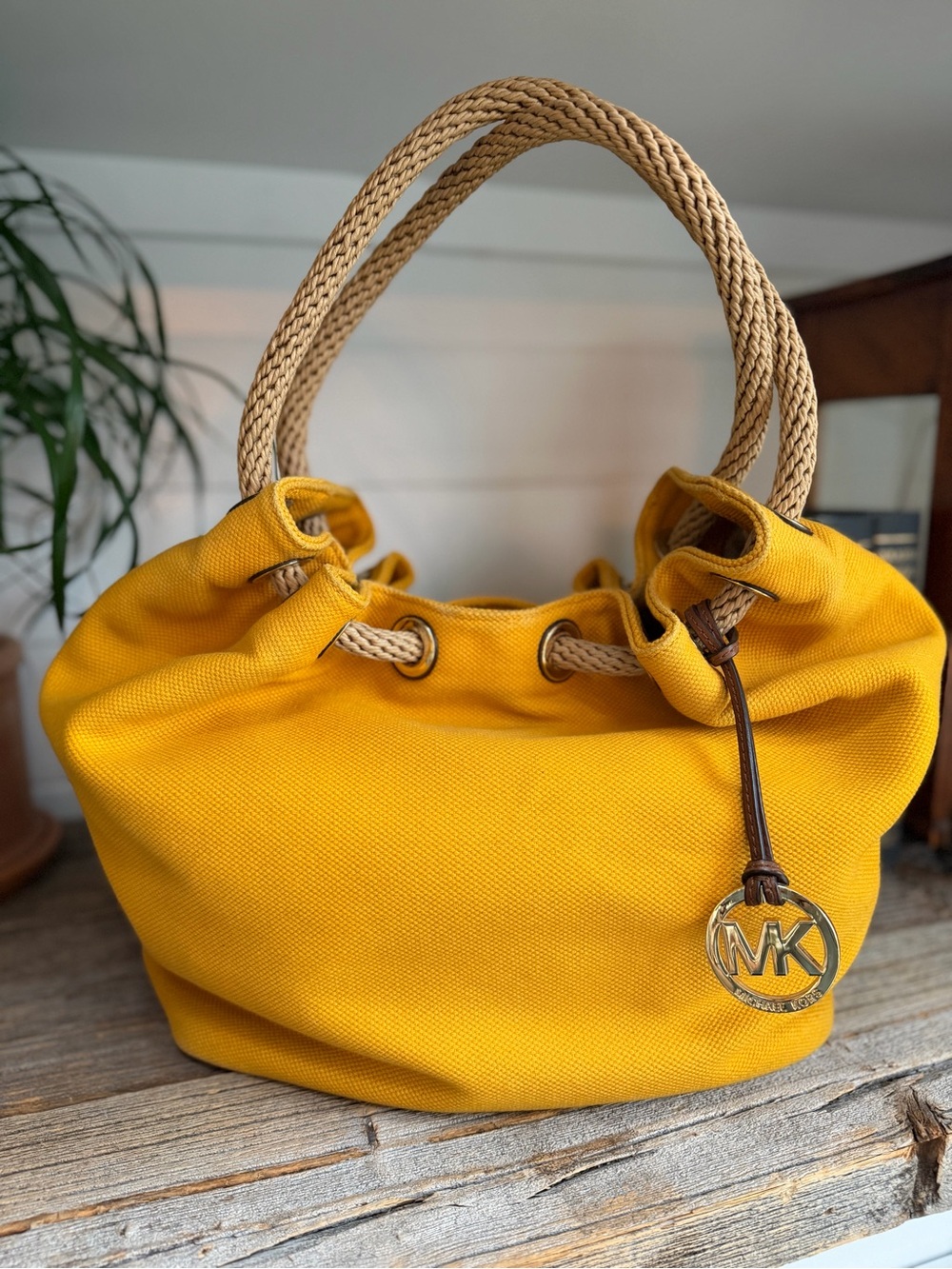 Vintage Michael Kors Yellow Canvas Rope-Handle Shoulder Bag